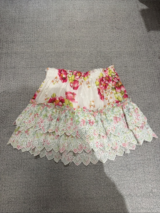 LoveShackFancy Dresses & Skirts - LoveShackFancy Floral Tiered Mini Skirt - Pink & Green on Cream